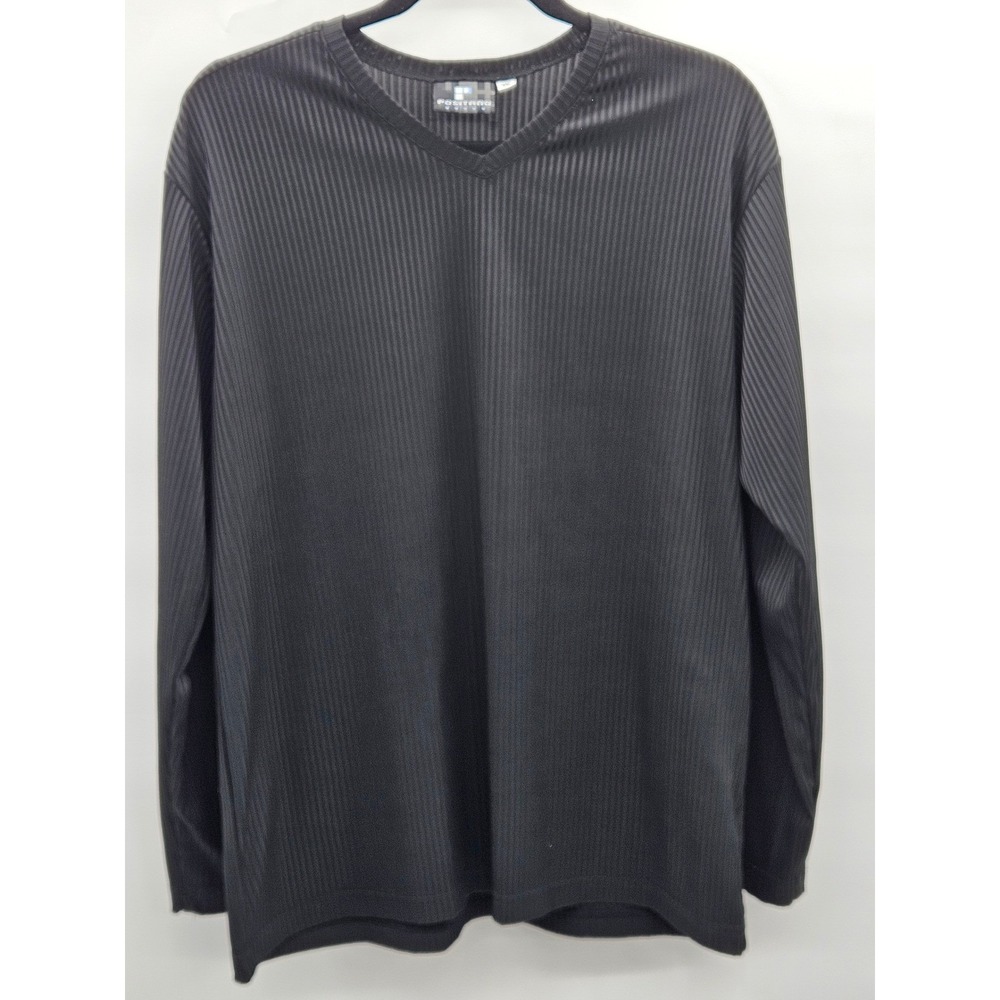 Positano Mens Black Vertical Pleated V-Neck Long Sleeve Shirt XL Modern Textured